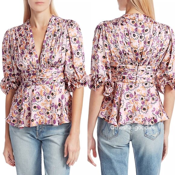 NWOT Alexis Prema Pink/Purple Floral Satin Blouse, Size Small - Picture 1 of 5